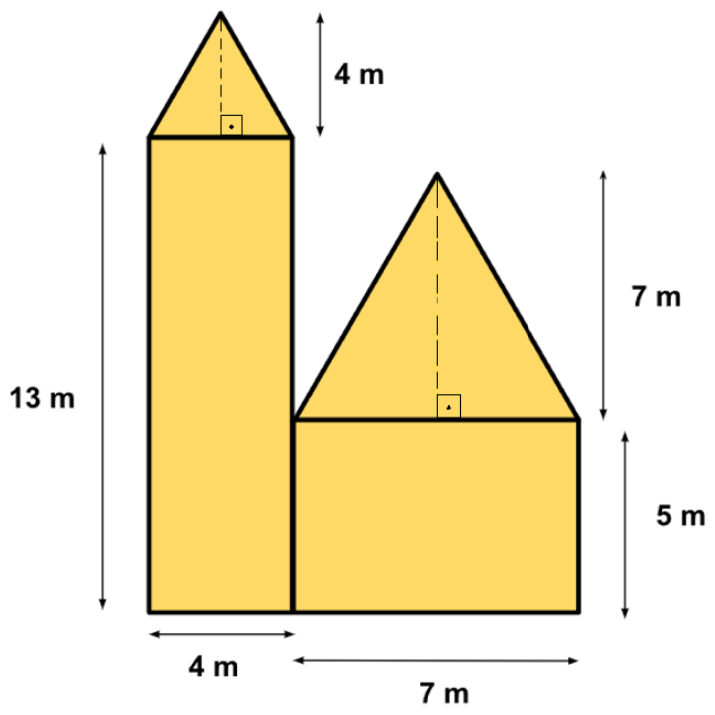 Desenho simplificado da fachada da capela, em amarelo: à esquerda, um retângulo vertical de 4 m de largura e 13 m de altura, encimado por um triângulo isósceles de 4 m de altura; à direita, encostado nele, um retângulo de 7 m de largura e 5 m de altura, encimado por um triângulo isósceles de 7 m de altura. As alturas dos triângulos aparecem tracejadas, com marca de ângulo reto na base.