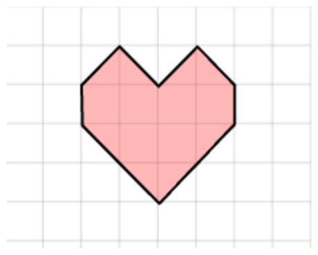 Malha quadriculada com o esboço de um coração rosa, de contorno formado por segmentos horizontais, verticais e diagonais que ligam vértices das quadrículas: duas saliências na parte de cima e ponta voltada para baixo.