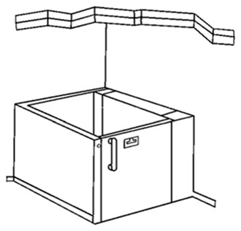 Desenho em perspectiva de uma plataforma de elevação vertical cuja caixa é formada por fechamentos em altura parcial, com porta dotada de puxador, sem fechamento até o teto, sob uma laje de piso superior.