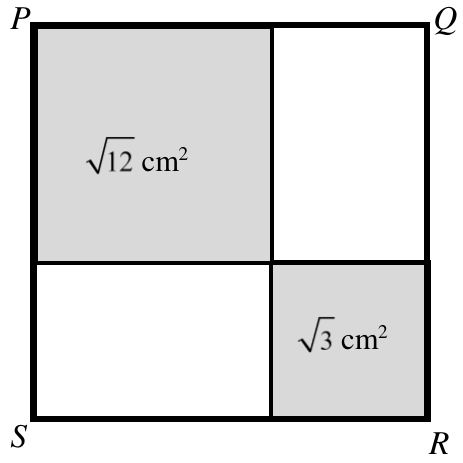 Quadrado PQRS dividido em quatro regiões: no canto superior esquerdo, quadrado cinza com área √12 cm²; no canto inferior direito, quadrado cinza com área √3 cm²; as outras duas regiões são retângulos brancos.