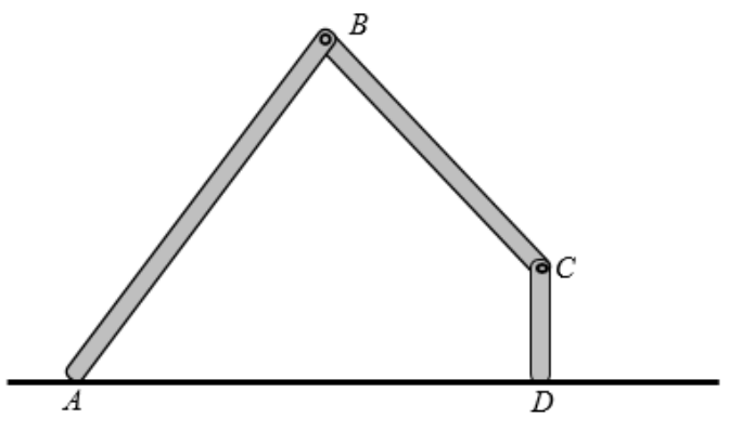 Compasso aberto: haste AB inclinada a partir de A no chão até B; de B a haste segue inclinada até a articulação C e, de C, desce verticalmente até D no chão.
