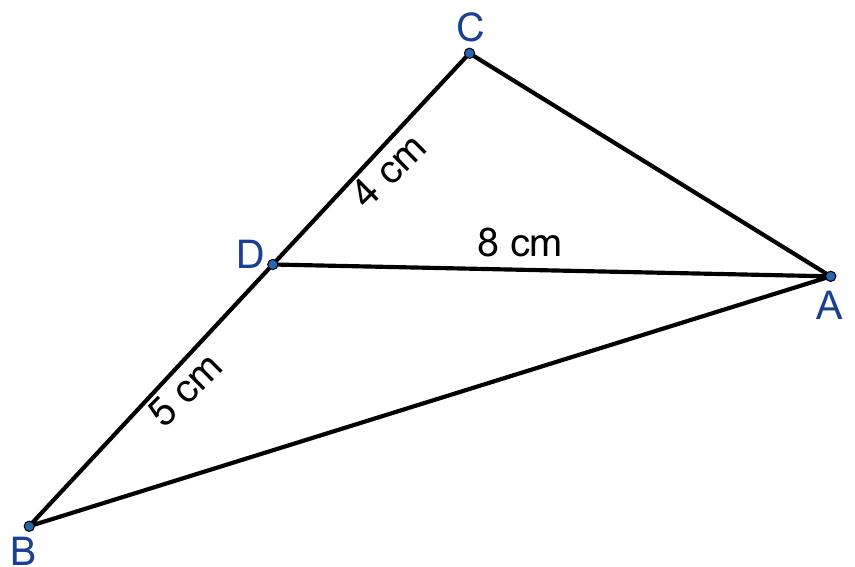 Triângulo ABC com ponto D sobre o lado BC; BD mede 5 cm, DC mede 4 cm e o segmento DA mede 8 cm.