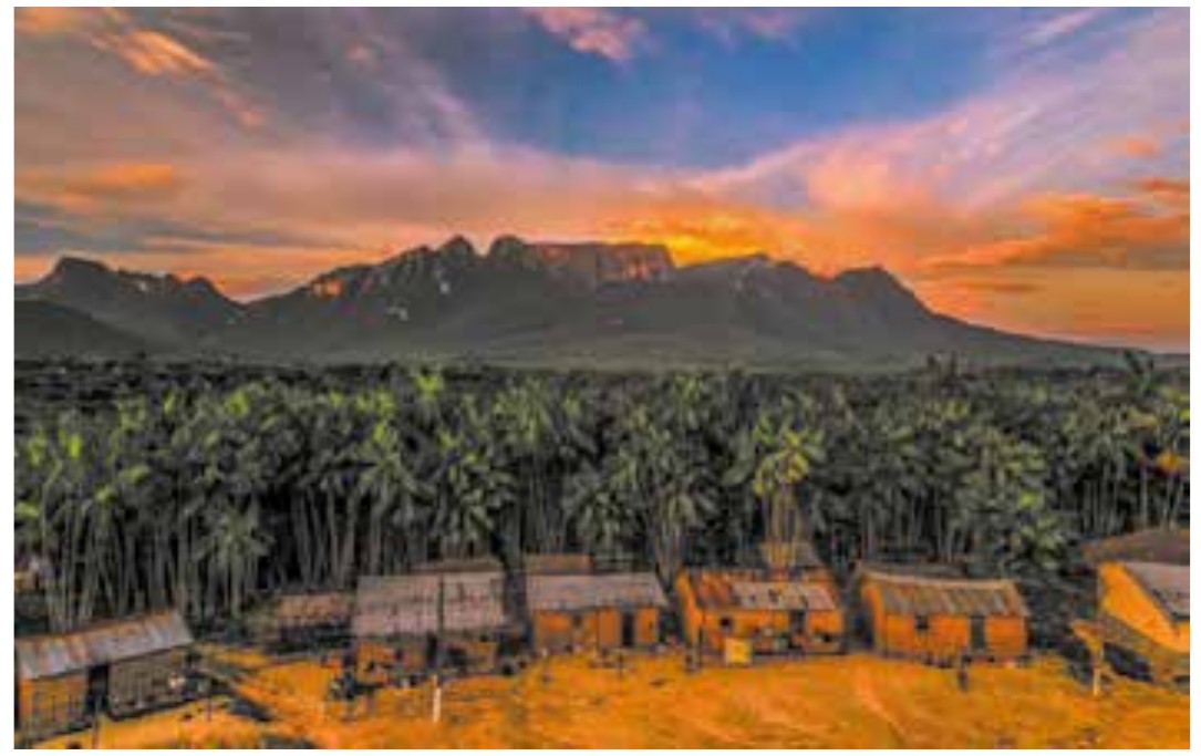Fotografia da Serra do Imeri: serra de topo recortado ao fundo, sob céu de entardecer, com floresta de palmeiras e casas de madeira em primeiro plano.
