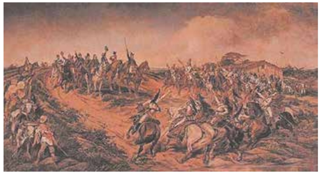 Reprodução da pintura Independência ou morte, de Pedro Américo: cavaleiros reunidos em uma colina, com o príncipe regente erguendo a espada ao centro; à frente, cavalaria em movimento e, à esquerda, um carreiro com carro de bois.
