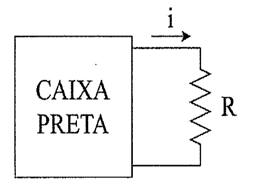 Caixa preta com dois terminais ligados a um resistor R; a corrente i circula no sentido indicado pela seta.
