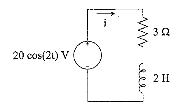 Fonte de tensão 20 cos(2t) V em série com resistor de 3 Ω e indutor de 2 H; corrente i indicada no ramo superior.