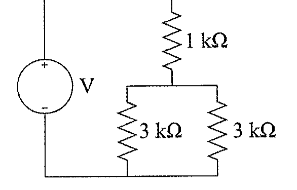 Fonte V alimentando um resistor de 1 kΩ em série com a associação em paralelo de dois resistores de 3 kΩ.