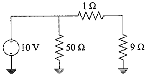 Fonte de 10 V aterrada; resistor de 50 Ω da saída da fonte para a terra; resistor série de 1 Ω alimentando resistor de 9 Ω para a terra.