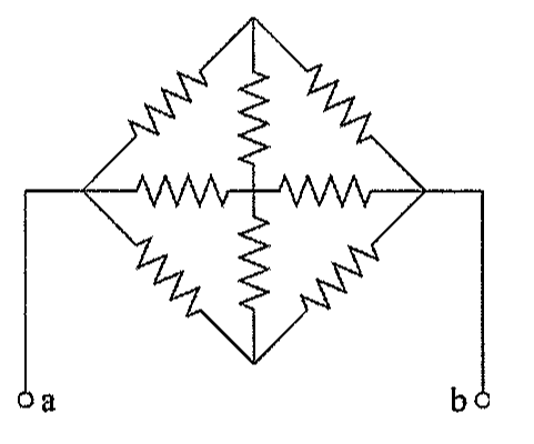 Rede em forma de losango: um resistor em cada um dos quatro lados e quatro resistores ligando o centro a cada um dos vértices; terminais a e b ligados aos vértices esquerdo e direito.