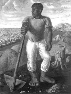 Reprodução em tons de cinza da pintura O lavrador de café, de Cândido Portinari: trabalhador rural negro, descalço, de camisa e calça claras, apoiado no cabo de uma enxada, com cafezal em fileiras, terreno com tocos de árvores e uma locomotiva com fumaça ao fundo.