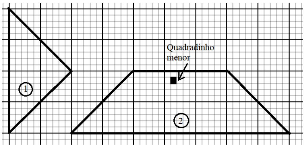 Malha quadriculada com linhas grossas a cada 5 quadradinhos menores. Figura 1: triângulo com lado vertical de 20 quadradinhos à esquerda e vértice à direita, a 10 quadradinhos de distância. Figura 2: trapézio com base maior de 35 quadradinhos, base menor de 15 quadradinhos e altura de 10 quadradinhos. Uma seta indica um “Quadradinho menor”.