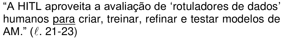“A HITL aproveita a avaliação de ‘rotuladores de dados’ humanos para criar, treinar, refinar e testar modelos de AM.” (ℓ. 21-23) — com “para” sublinhado.