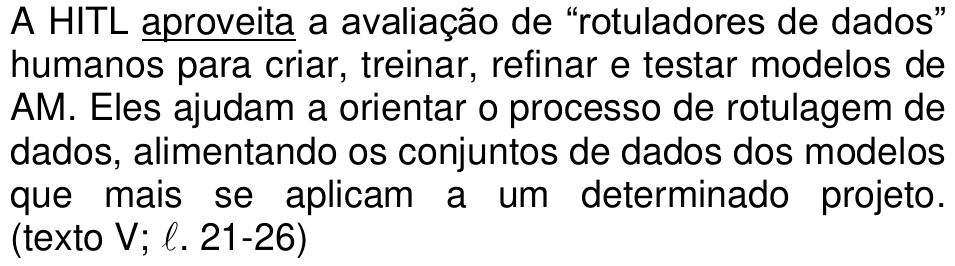 A HITL aproveita a avaliação de “rotuladores de dados” humanos para criar, treinar, refinar e testar modelos de AM. Eles ajudam a orientar o processo de rotulagem de dados, alimentando os conjuntos de dados dos modelos que mais se aplicam a um determinado projeto. (texto V; ℓ. 21-26) — com “aproveita” sublinhado.