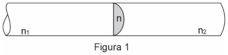 Figura 1: tubo cilíndrico com a lente plano-convexa de índice n no meio; à esquerda o meio de índice n₁ e à direita o meio de índice n₂.