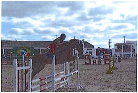 Fotografia de um cavaleiro saltando um obstáculo em pista de hipismo com areia.