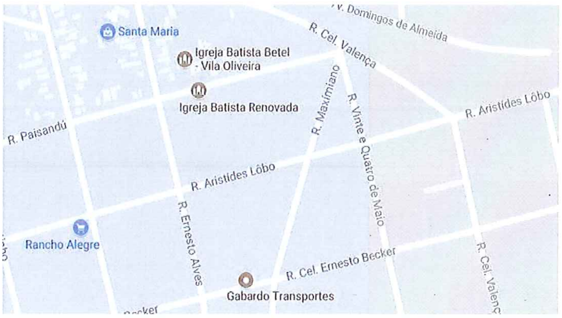 Mapa de ruas de Santa Maria com as ruas Paisandú, Aristides Lôbo, Cel. Ernesto Becker, Maximiano e Vinte e Quatro de Maio, entre outras.