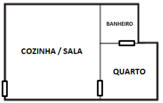 Planta de apartamento com três cômodos: cozinha/sala à esquerda, banheiro no alto à direita e quarto embaixo à direita.