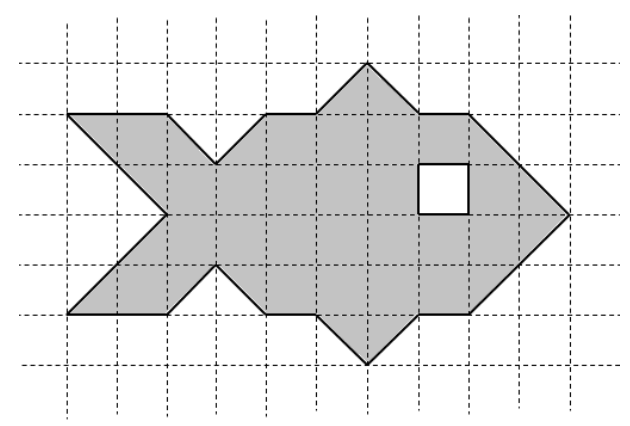 Malha quadriculada com uma região cinza em forma de peixe, com um pequeno quadrado branco no interior.
