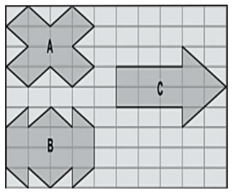 Malha quadriculada com três figuras cinza: A em forma de cruz com pontas, B em forma de octógono com recortes e C em forma de seta apontando para a direita.
