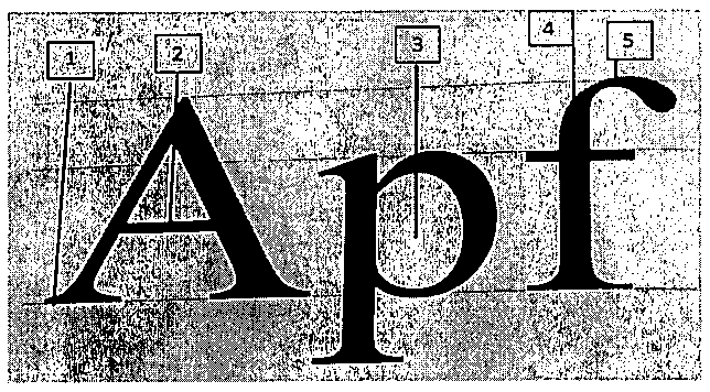 Letras 'Apf' em fonte serifada sobre fundo texturizado, com cinco caixas numeradas de 1 a 5 ligadas por linhas a partes das letras: 1 na base do pé esquerdo do A, 2 no traço horizontal interno do A, 3 no interior da curva do p, 4 no traço vertical do f e 5 no terminal curvo superior do f.