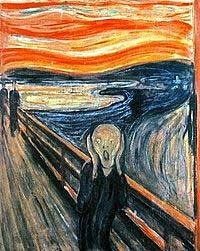 Reprodução da pintura O grito, de Edvard Munch: figura humana em primeiro plano, com as mãos no rosto e a boca aberta, sobre uma ponte com parapeito, sob um céu de faixas alaranjadas e vermelhas e diante de águas azul-escuras.