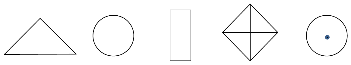 Cinco desenhos em linha, da esquerda para a direita: um triângulo, um círculo, um retângulo estreito na vertical, um quadrado apoiado em um vértice com as duas diagonais traçadas e um círculo com um ponto no centro.