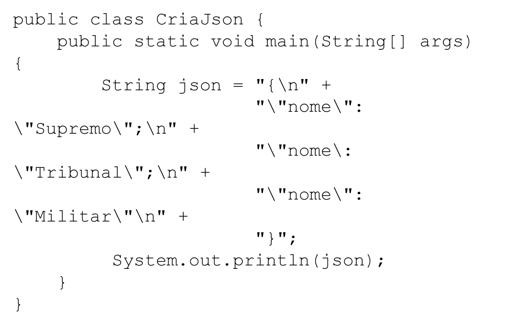 Código Java: classe CriaJson cujo main monta a String json concatenando "{\n", "\"nome\": \"Supremo\";\n", "\"nome\: \"Tribunal\";\n", "\"nome\": \"Militar\"\n" e "}" e a imprime com System.out.println(json).