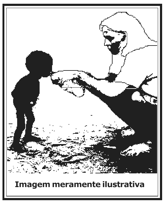 Ilustração em preto e branco de uma mulher agachada oferecendo água, com as mãos, a uma criança pequena de pé à sua frente. Legenda: Imagem meramente ilustrativa.