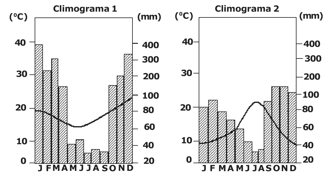 Dois climogramas lado a lado, Climograma 1 e Climograma 2, cada um com barras de precipitação mensal em mm (eixo direito, de 20 a 400) e curva de temperatura em °C (eixo esquerdo, de 0 a 40), de janeiro (J) a dezembro (D).