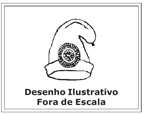 Desenho em preto e branco de um barrete frígio, gorro de ponta dobrada para a frente, com uma roseta circular na lateral. Legenda: Desenho Ilustrativo Fora de Escala.