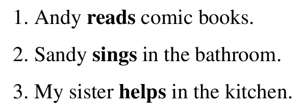 Frases: 1. Andy reads comic books. 2. Sandy sings in the bathroom. 3. My sister helps in the kitchen. Em negrito: reads, sings, helps.