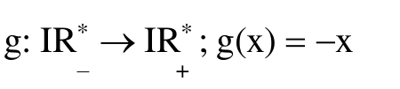 Alternativa d: g: IR asterisco índice menos → IR asterisco índice mais; g(x) = −x.