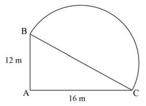 Triângulo retângulo em A com AB = 12 m (vertical) e AC = 16 m (horizontal); sobre a hipotenusa BC há um arco de semicircunferência voltado para fora do triângulo.