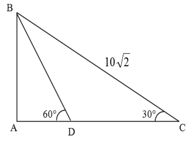 Triângulo ABC retângulo em A, com AB vertical e AC horizontal; hipotenusa BC = 10√2; ponto D em AC ligado a B; ângulo de 60° em D (entre DA e DB) e ângulo de 30° em C.