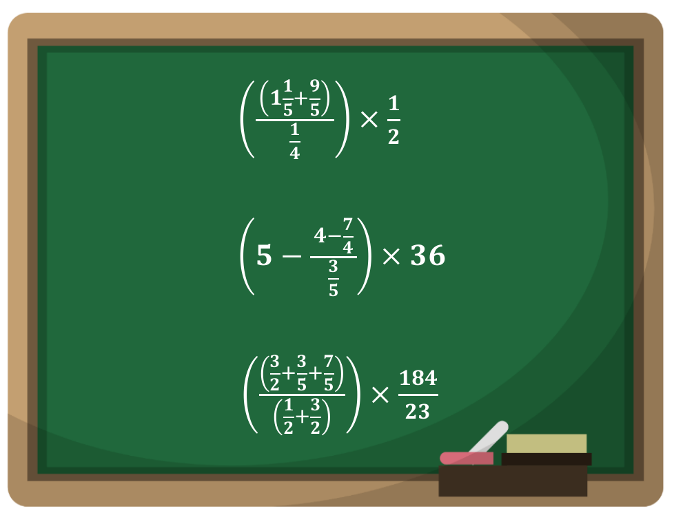 Quadro-verde com três expressões: 1) ((1 inteiro e 1/5 + 9/5) dividido por 1/4) × 1/2; 2) (5 − (4 − 7/4) dividido por 3/5) × 36; 3) ((3/2 + 3/5 + 7/5) dividido por (1/2 + 3/2)) × 184/23.