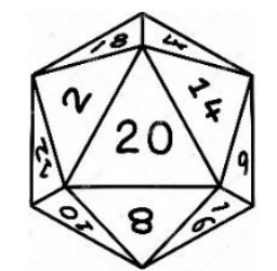 Dado de 20 faces (icosaedro) com a face 20 em destaque e outras faces numeradas visíveis.