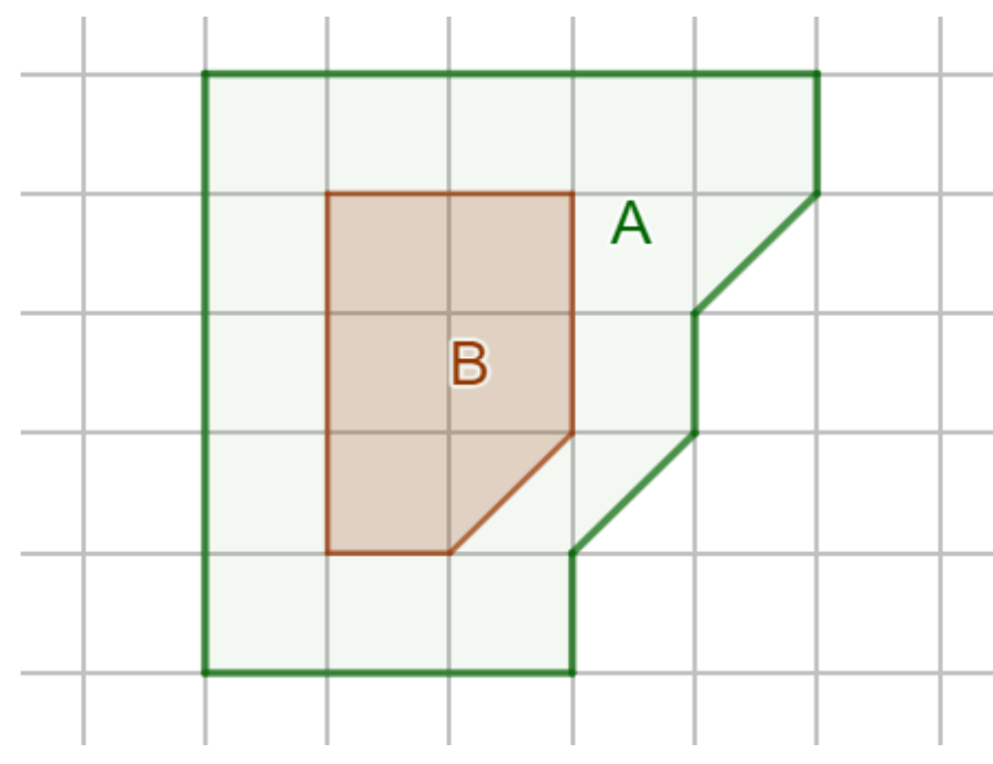 Malha quadriculada com o polígono A (terreno, contorno verde) contendo o polígono B (casa, contorno marrom).