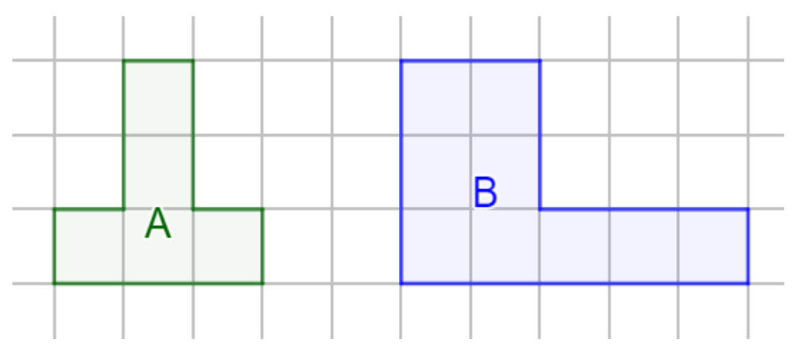 Malha quadriculada com o polígono A, em forma de T invertido, e o polígono B, em forma de L.