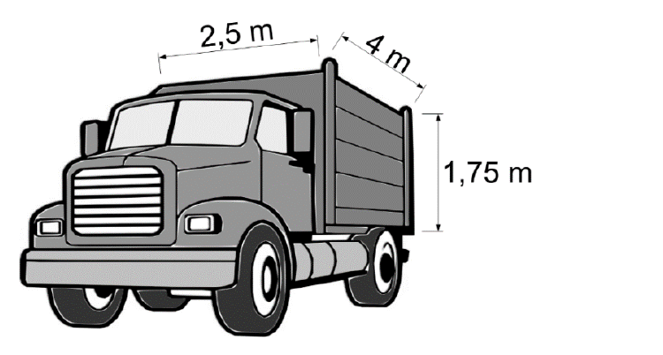 Caminhão com caçamba de dimensões 2,5 m, 4 m e 1,75 m.