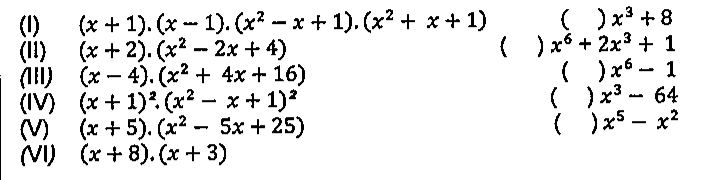 1ª coluna: (I) (x + 1).(x − 1).(x² − x + 1).(x² + x + 1); (II) (x + 2).(x² − 2x + 4); (III) (x − 4).(x² + 4x + 16); (IV) (x + 1)².(x² − x + 1)²; (V) (x + 5).(x² − 5x + 25); (VI) (x + 8).(x + 3). 2ª coluna, com parênteses em branco: x³ + 8; x⁶ + 2x³ + 1; x⁶ − 1; x³ − 64; x⁵ − x².