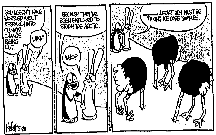 Tirinha em três quadros com um pinguim e um coelho. Quadro 1: "You needn't have worried about research into climate change being cut." / "Why?". Quadro 2: "Because they've been employed to study the Arctic." / "Who?". Quadro 3: avestruzes com a cabeça enterrada no gelo e o balão "____. Look! They must be taking ice core samples."