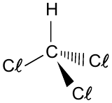 Fórmula espacial do triclorometano: carbono central ligado a um H (acima) e a três átomos de cloro (Cℓ), um no plano, um em cunha tracejada e um em cunha cheia.