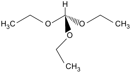 Fórmula espacial do ortoformato de trietila: carbono central ligado a um H e a três grupos O–CH₂–CH₃ (H₃C–CH₂–O–, –O–CH₂–CH₃ em cunha tracejada e –O–CH₂–CH₃ em cunha cheia).