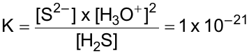 Expressão: K = [S²⁻] x [H₃O⁺]² dividido por [H₂S] = 1 x 10⁻²¹