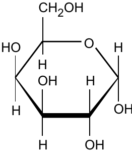 Fórmula de Haworth de um anel de seis membros com um oxigênio no anel. No carbono à esquerda do oxigênio: CH₂OH acima e HO à esquerda; no carbono à direita do oxigênio: H acima e OH abaixo; nos demais carbonos do anel, grupos H e OH acima e abaixo, conforme a figura.