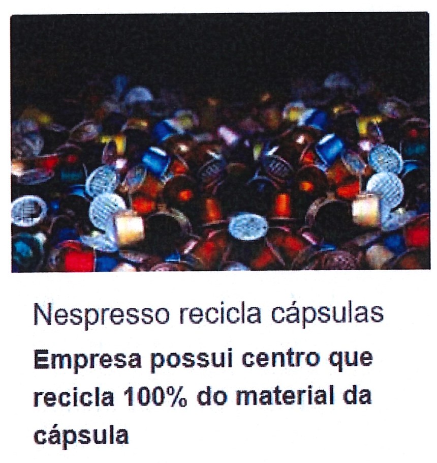 Fotografia de um grande amontoado de cápsulas de café coloridas e usadas, seguida do título “Nespresso recicla cápsulas” e do subtítulo “Empresa possui centro que recicla 100% do material da cápsula”.