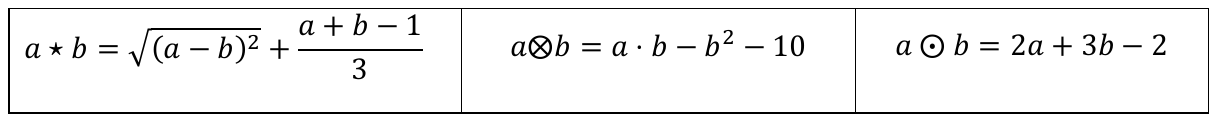 Quadro com as definições de três operações: a ⋆ b = raiz quadrada de (a − b)² + (a + b − 1)/3; a ⨂ b = a · b − b² − 10; a ⨀ b = 2a + 3b − 2.