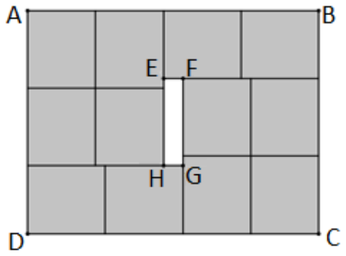 Figura 2: vista superior da terceira camada; retângulo ABCD dividido em caixas retangulares cinzas justapostas, com um pequeno retângulo vazio EFGH (branco) entre elas.