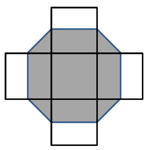 Figura em forma de cruz composta por cinco quadrados iguais (um central e quatro ao redor: acima, abaixo, à esquerda e à direita). Um octógono sombreado de cinza cobre o quadrado central inteiro e metade de cada quadrado lateral, com vértices nos pontos médios dos lados dos quadrados externos.