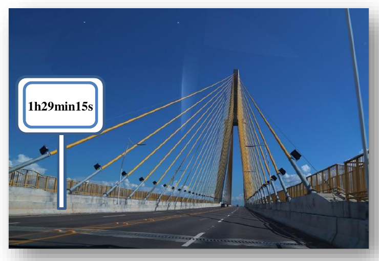 Fotografia da Ponte Rio Negro, ponte estaiada com cabos amarelos, vista da pista. À esquerda, um letreiro com a inscrição “1h29min15s”.